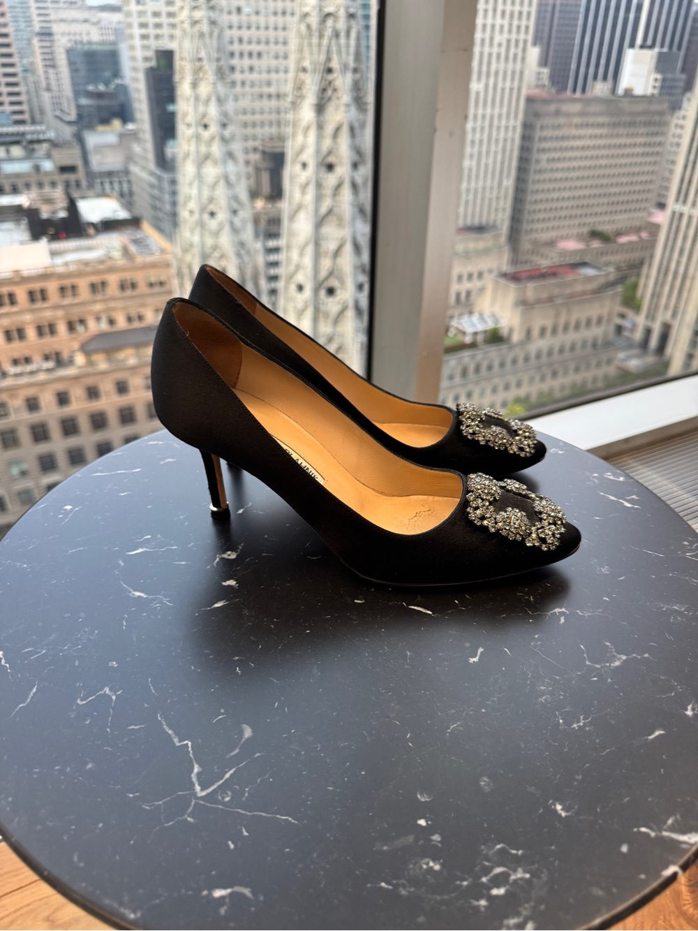 Manolo Blahnik Black Satin Crystal Buckle Pumps - Picture 3 of 7